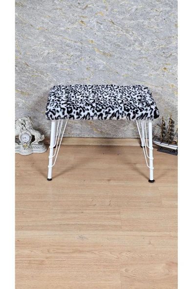 Beyaz Boyalı Tel Ayaklı 60cm x 40cm Tedy Kumaşlı  Zebra Döşeme Oturak, Bench, Oturak, Puf - 2
