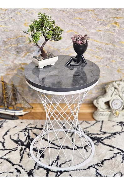 Beyaz Boyalı Pota 34 cm Suntalem Tablalı Sehpa - Aris Antrasit Suntalem Sehpa - Ahşap Sehpa - Zigon Sehpa