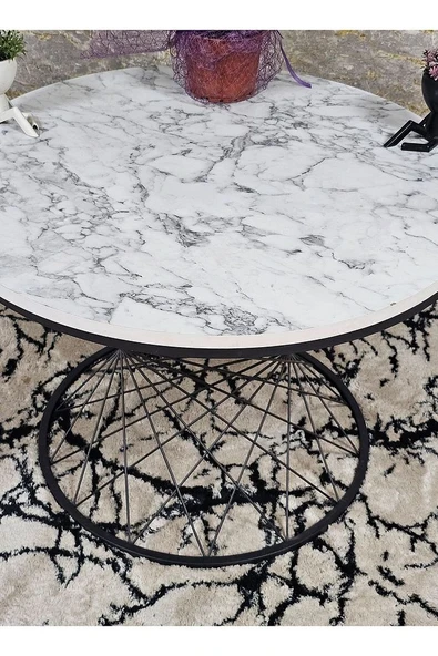 Siyah Fırınlı Statik Boya Beyaz Mermer Suntalem Tabla Pota Orta Sehpa - Siyah Orta Sehpa - 2