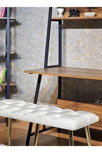 100'lük Benc – Gold Kaplama Sivriltme Ayaklı Krem Döşemeli Oturak, Bench, Oturak, Makyaj Pufu - 4