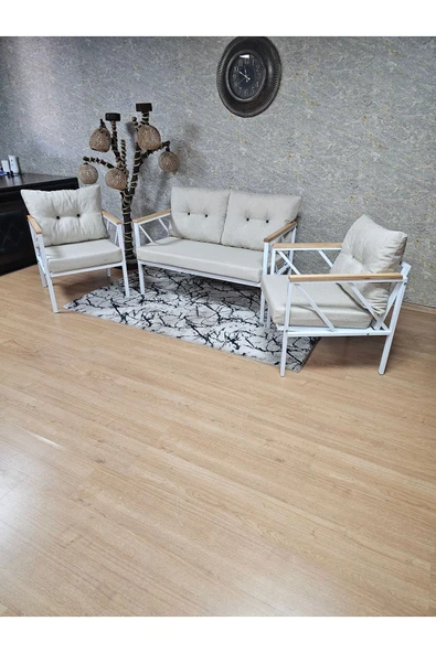 Beyaz Boyalı Bahçe Krem Döşeme - Balkon - Mutfak Çay Seti Takımı Bahçe Koltuk Takımı - 6