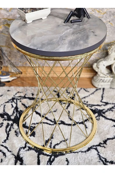 Gold Kaplama Pota 34 cm Suntalem Tablalı Sehpa - Marmol Suntalem Sehpa - Ahşap Sehpa - Zigon Sehpa - 3