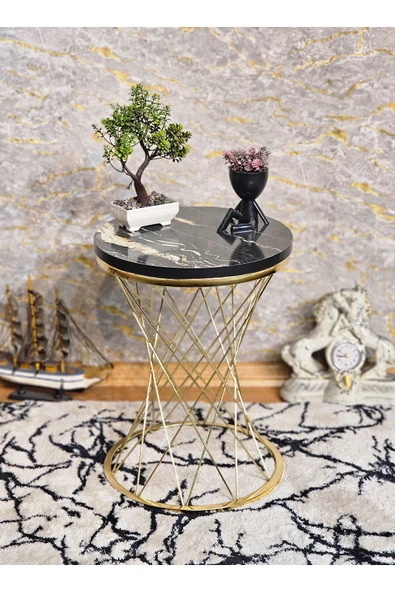 Gold Kaplama Pota 34 cm Suntalem Tablalı Sehpa - Luanda Suntalem Sehpa - Ahşap Sehpa - Zigon Sehpa - 3