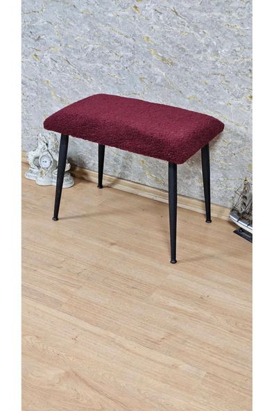 Siyah Boyalı Sivriltme Ayaklı 60cm x 40cm Tedy Kumaşlı Bordo Döşeme Oturak, Bench, Oturak, Puf - 4