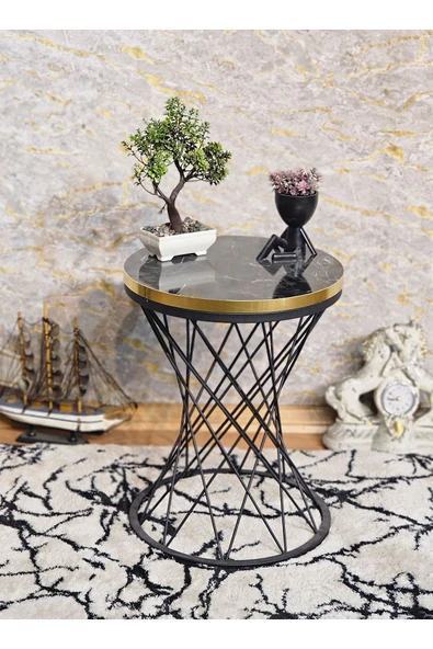 Siyah Boyalı Pota 34 cm Suntalem Tablalı Sehpa - Siyah Mermer Gold Cumbalı Suntalem Sehpa - Ahşap Sehpa - Zigon Sehpa - 4