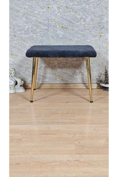 Gold Kaplama Sivriltme Ayaklı 60cm x 40cm Tedy Kumaşlı Füme Döşeme Oturak, Bench, Oturak, Puf