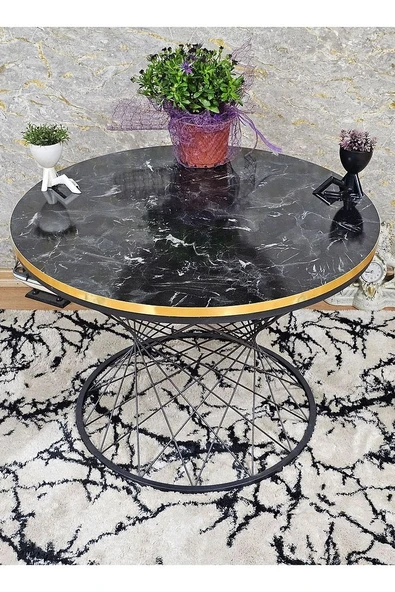 Siyah Fırınlı Statik Boya Siyah Mermer Gold Cumba Suntalem Tabla Pota Orta Sehpa - Siyah Orta Sehpa - 3