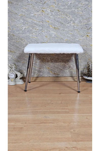 Krom Kaplama Sivriltme Ayaklı 60cm x 40cm Tedy Kumaşlı Krem Döşeme Oturak, Bench, Oturak, Puf