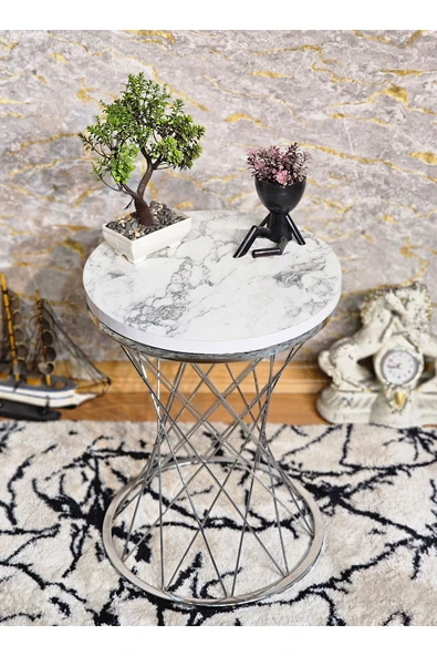 Krom Kaplama Pota 34 cm Suntalem Tablalı Sehpa - Beyaz Mermer Suntalem Sehpa - Ahşap Sehpa - Zigon Sehpa