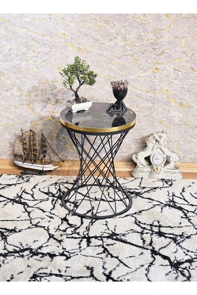 Siyah Boyalı Pota 34 cm Suntalem Tablalı Sehpa - Siyah Mermer Gold Cumbalı Suntalem Sehpa - Ahşap Sehpa - Zigon Sehpa - 5