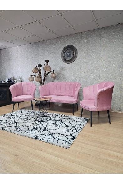Siyah Boyalı Sivriltme Ayak Pembe Döşeme Papatya Çay Seti Koltuk Takımı , Balkon, Salon, Ofis, Cafe Koltuk Takımı - 6