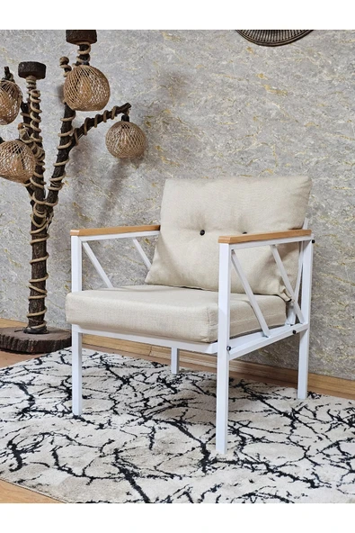 Tekli Beyaz Boyalı Bahçe Krem Döşeme - Balkon - Mutfak Çay Seti Takımı Bahçe Koltuk Takımı - 3