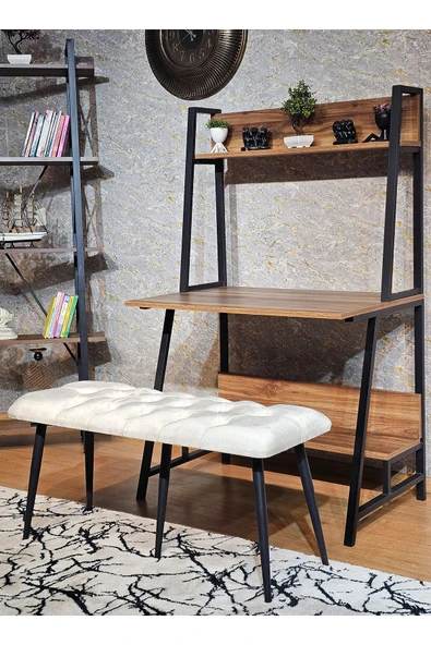 100'lük Benc - Siyah Boyalı Sivriltme Ayaklı Krem Döşemeli Oturak, Bench, Oturak, Makyaj Pufu