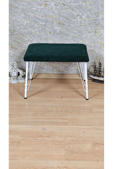 Beyaz Boyalı  Tel Ayaklı 60cm x 40cm Tedy Kumaşlı  Yeşil Döşeme Oturak, Bench, Oturak, Puf - 2