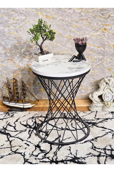 Siyah Boyalı Pota 34 cm Suntalem Tablalı  Sehpa -  Beyaz Mermer Suntalem Sehpa - Ahşap Sehpa - Zigon Sehpa