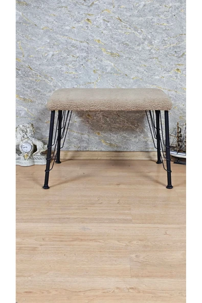Siyah Boyalı Tel Ayaklı 60cm x 40cm Tedy Kumaşlı Kapiçino Döşeme Oturak, Bench, Oturak, Puf