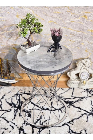 Krom Kaplama Pota 34 cm Suntalem Tablalı Sehpa - Marmol Suntalem Sehpa - Ahşap Sehpa - Zigon Sehpa