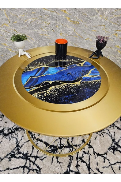 Gold Kaplama Cam Pota Orta Sehpa Mavi Mermer Desenli Temperli Baskılı Cam - Sehpa - Orta Sehpa - Yan Sehpa - 2