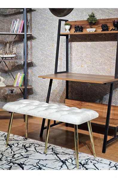 100'lük Benc – Gold  Kaplama Sivriltme Ayaklı Krem Döşemeli Oturak, Bench, Oturak, Makyaj Pufu - 3
