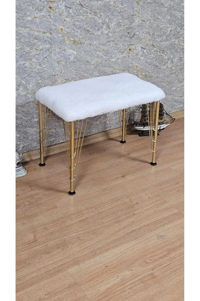 Gold Tel Ayaklı 60cm x 40cm Tedy Kumaşlı  Krem  Döşeme Oturak, Bench, Oturak, Puf - 3