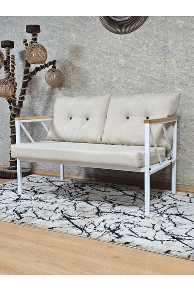 İkili Beyaz Boyalı Bahçe Krem Döşeme - Balkon - Mutfak Çay Seti Takımı Bahçe Koltuk Takımı - 3