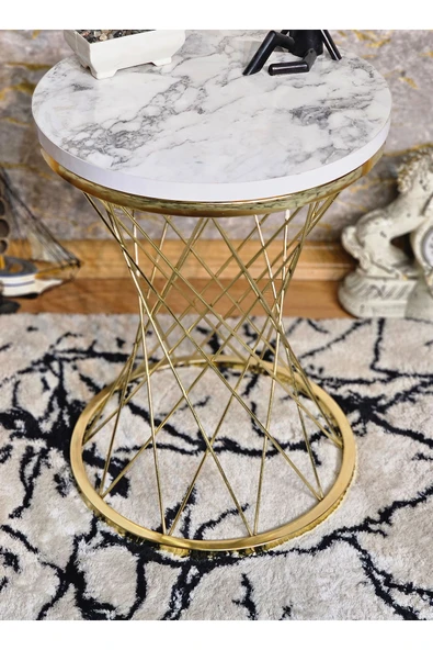 Gold Kaplama Pota 34 cm Suntalem Tablalı Sehpa - Beyaz Mermer Suntalem Sehpa - Ahşap Sehpa - Zigon Sehpa - 2