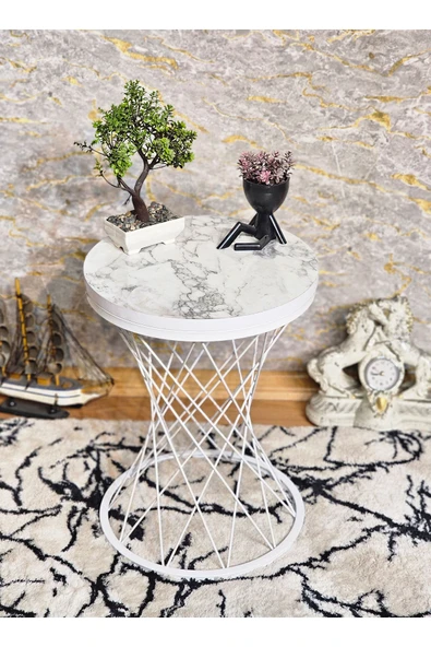 Beyaz Boyalı Pota 34 cm Suntalem Tablalı Sehpa - Beyaz Mermer Suntalem Sehpa - Ahşap Sehpa - Zigon Sehpa