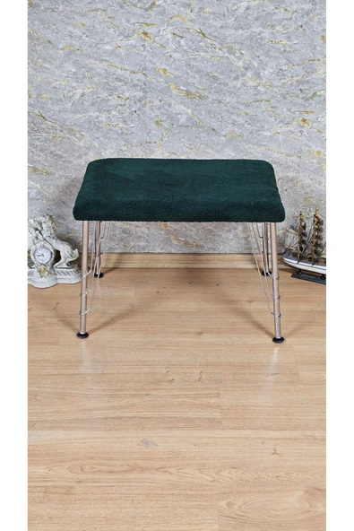 Krom Tel Ayaklı 60cm x 40cm Tedy Kumaşlı  Yeşil Döşeme Oturak, Bench, Oturak, Puf - 2