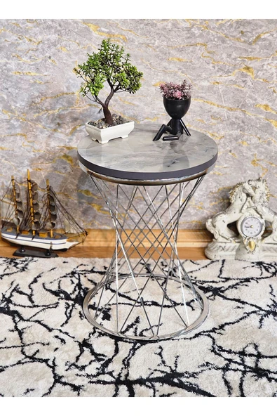 Krom Kaplama Pota 34 cm Suntalem Tablalı Sehpa - Marmol Suntalem Sehpa - Ahşap Sehpa - Zigon Sehpa - 4