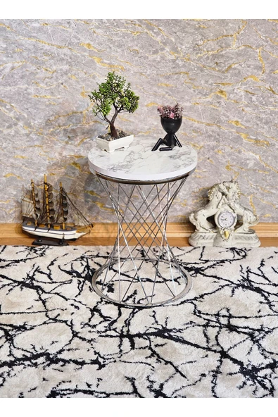 Krom Kaplama Pota 34 cm Suntalem Tablalı Sehpa - Beyaz Mermer Suntalem Sehpa - Ahşap Sehpa - Zigon Sehpa - 5