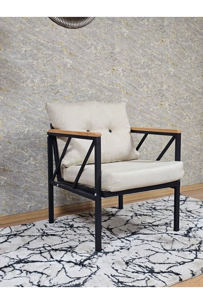 Tekli Siyah Boyalı Bahçe Krem Döşeme - Balkon - Mutfak Çay Seti Takımı Bahçe Koltuk Takımı - 2