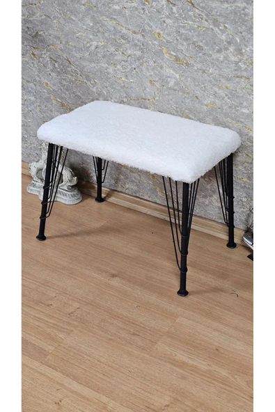 Siyah Boyalı Tel Ayaklı 60cm x 40cm Tedy Kumaşlı Krem Döşeme Oturak, Bench, Oturak, Puf - 4