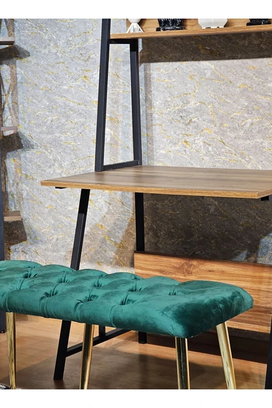 100'lük Benc – Gold Kaplama Sivriltme Ayaklı Yeşil Döşemeli Oturak, Bench, Oturak, Makyaj Pufu - 4
