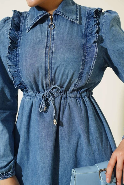 FIRFIRLI FERMUARLI BALON KOL KOT ELBİSE - 2