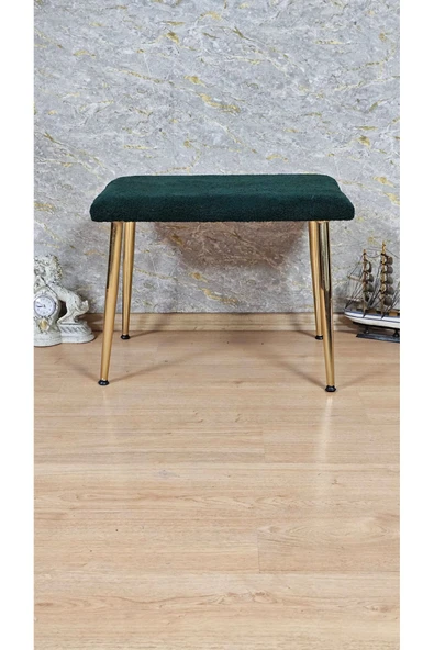 Gold Kaplama Sivriltme Ayaklı 60cm x 40cm Tedy Kumaşlı Yeşil Döşeme Oturak, Bench, Oturak, Puf