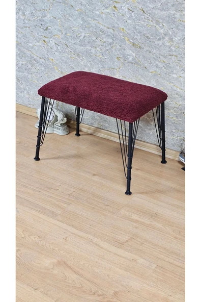 Siyah Boyalı Tel Ayaklı 60cm x 40cm Tedy Kumaşlı Bordo Döşeme Oturak, Bench, Oturak, Puf - 4