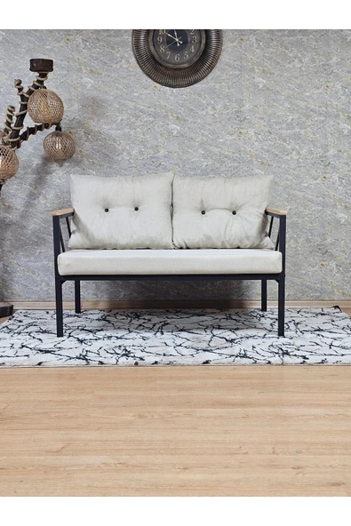 İkili Siyah Boyalı Bahçe Krem Döşeme - Balkon - Mutfak Çay Seti Takımı Bahçe Koltuk Takımı