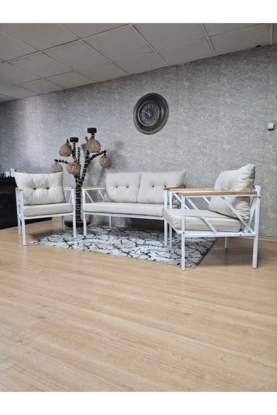 Beyaz Boyalı Bahçe Krem Döşeme - Balkon - Mutfak Çay Seti Takımı Bahçe Koltuk Takımı - 5