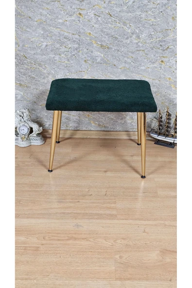 Gold Kaplama Sivriltme Ayaklı 60cm x 40cm Tedy Kumaşlı Yeşil Döşeme Oturak, Bench, Oturak, Puf - 2