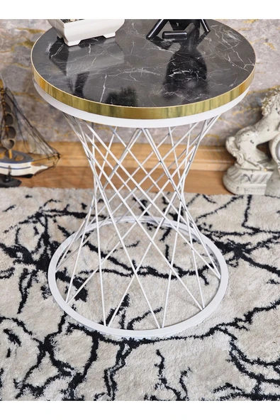 Beyaz Boyalı Pota 34 cm Suntalem Tablalı  Sehpa - Siyah Mermer Gold Cumbalı Suntalem Sehpa - Ahşap Sehpa - Zigon Sehpa - Resim 3