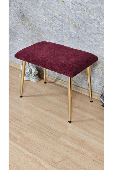 Gold Kaplama Sivriltme Ayaklı 60cm x 40cm Tedy Kumaşlı Bordo Döşeme Oturak, Bench, Oturak, Puf - 4