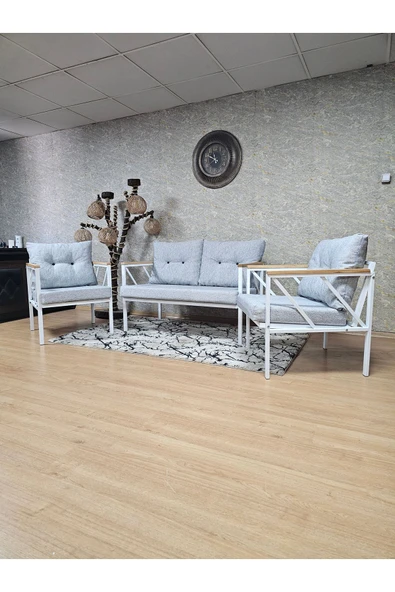 Beyaz Boyalı Bahçe Gri Döşeme - Balkon - Mutfak Çay Seti Takımı Bahçe Koltuk Takımı - 5