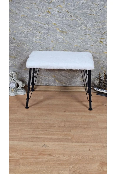 Siyah Boyalı Tel Ayaklı 60cm x 40cm Tedy Kumaşlı Krem Döşeme Oturak, Bench, Oturak, Puf - 2