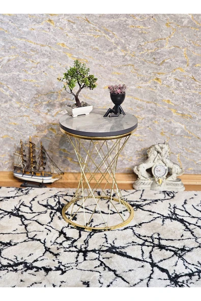 Gold Kaplama Pota 34 cm Suntalem Tablalı Sehpa - Marmol Suntalem Sehpa - Ahşap Sehpa - Zigon Sehpa - 5