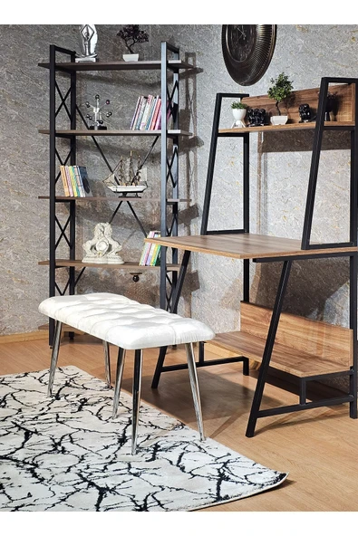 100'lük Benc – Krom Kaplama Sivriltme Ayaklı Krem Döşemeli Oturak, Bench, Oturak, Makyaj Pufu - 5