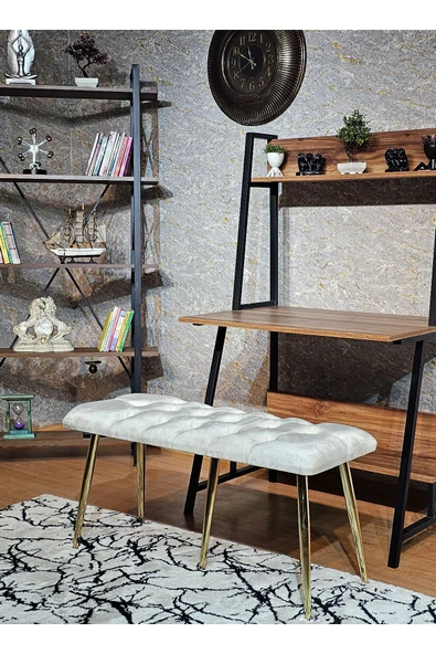 100'lük Benc – Gold Kaplama Sivriltme Ayaklı Krem Döşemeli Oturak, Bench, Oturak, Makyaj Pufu