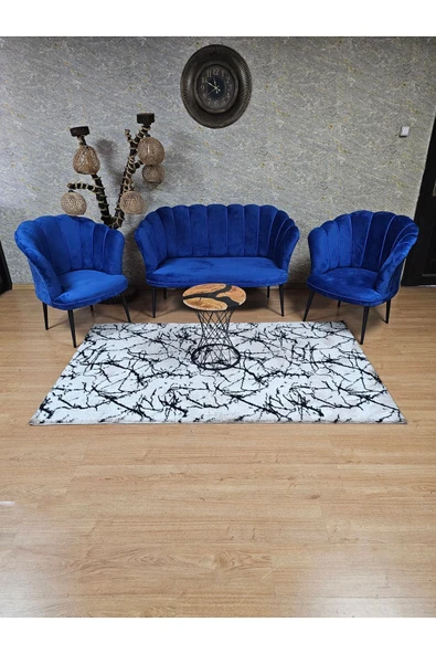 Siyah Boyalı Sivriltme Ayak Mavi Döşeme Papatya Çay Seti Koltuk Takımı , Balkon, Salon, Ofis, Cafe Koltuk Takımı - 3