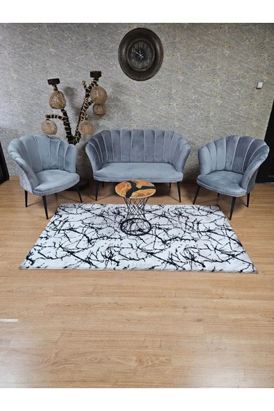 Siyah Boyalı Sivriltme Ayak Gri Döşeme Papatya Çay Seti Koltuk Takımı , Balkon, Salon, Ofis, Cafe Koltuk Takımı - 3