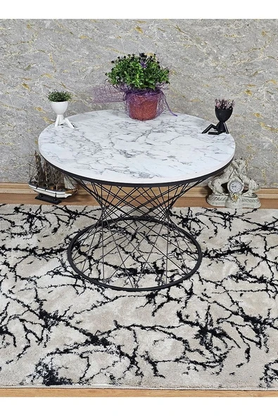 Siyah Fırınlı Statik Boya Beyaz Mermer Suntalem Tabla Pota Orta Sehpa - Siyah Orta Sehpa