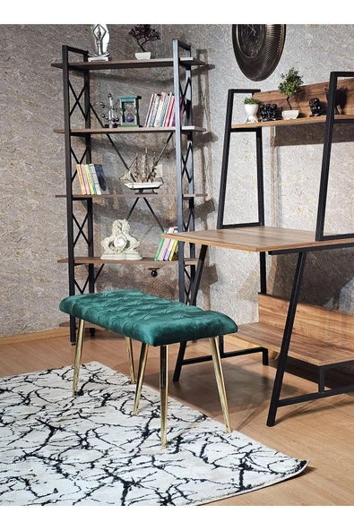 100'lük Benc – Gold Kaplama Sivriltme Ayaklı Yeşil Döşemeli Oturak, Bench, Oturak, Makyaj Pufu - 5